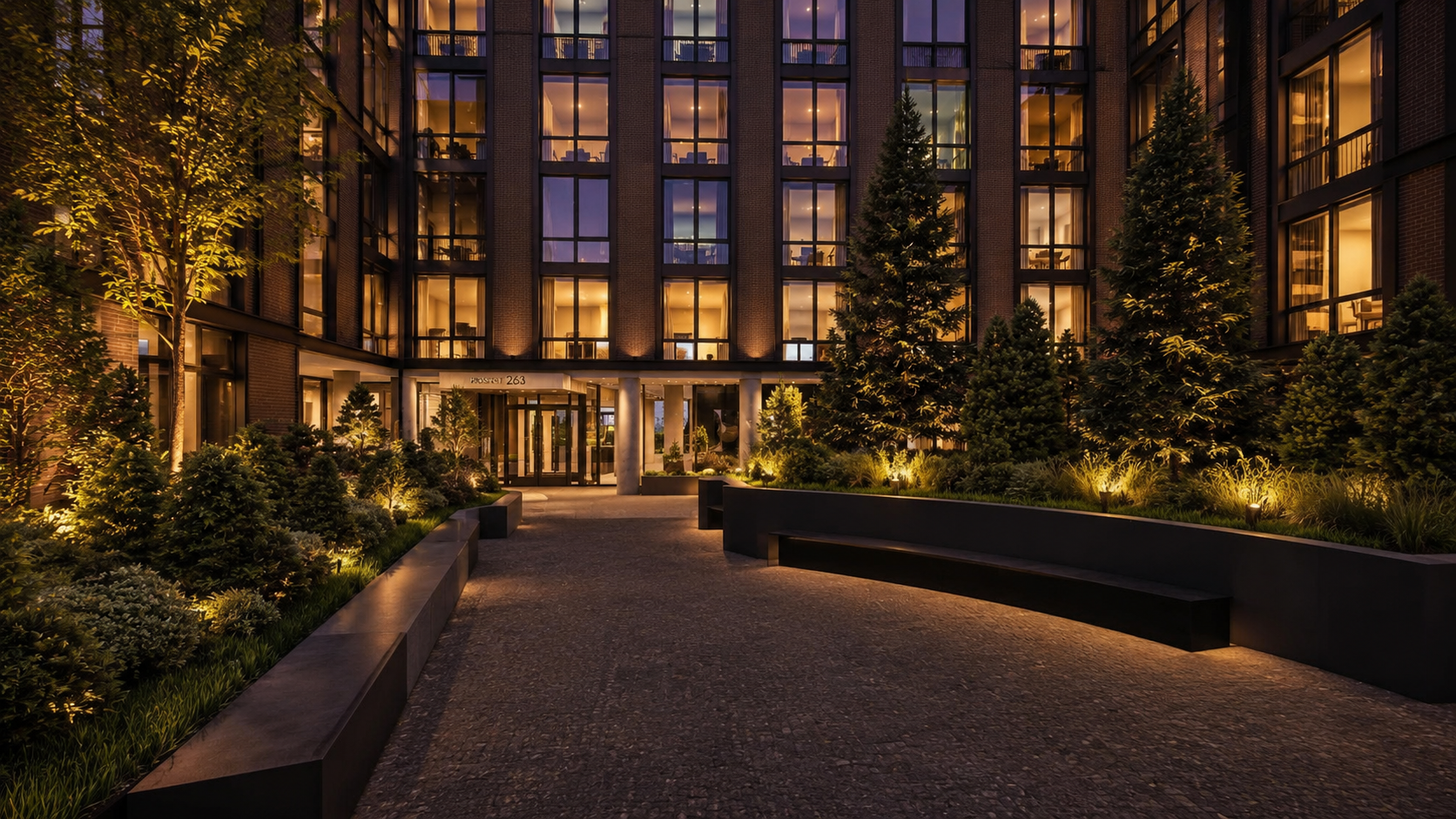 The Grand Prospect building exterior at dusk